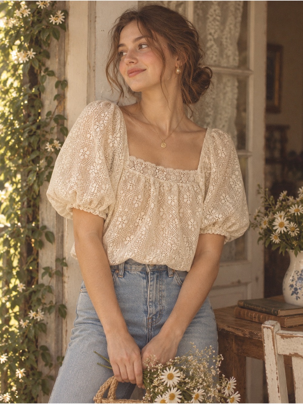 Vintage Women’s Cream Lace Puff-Sleeve Top